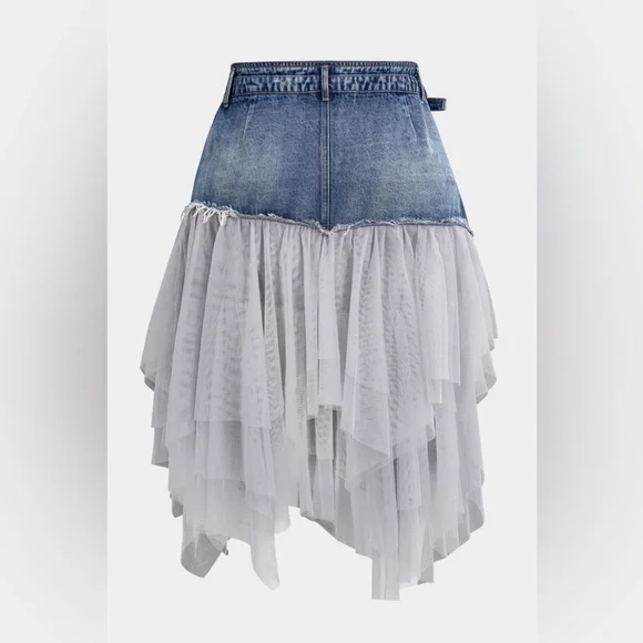 Nwt Micas Denim Mesh Patchwork High Waist denim and tulle Skirt - Picture 3 of 17